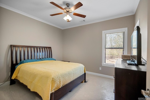 bedroom with visible vents, baseboards, ornamental molding, light carpet, and a ceiling fan