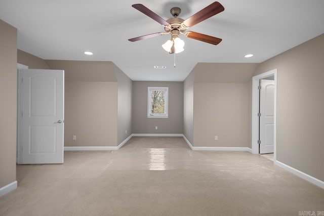 additional living space featuring recessed lighting, visible vents, baseboards, and ceiling fan