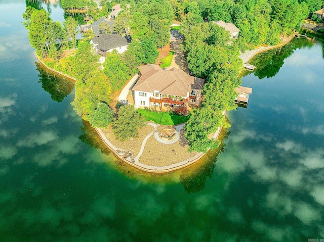 drone / aerial view with a water view