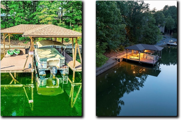 dock area with a water view and boat lift