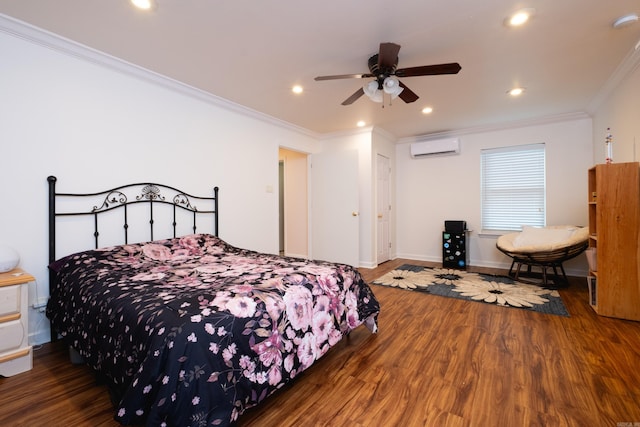 bedroom featuring recessed lighting, wood finished floors, a wall mounted air conditioner, and ornamental molding