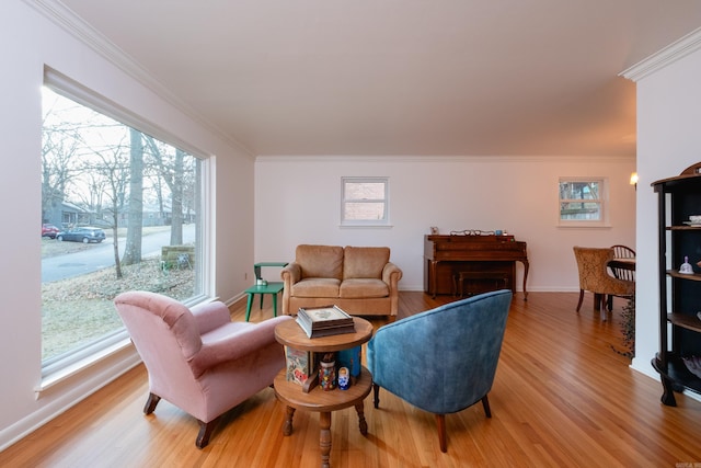 living room featuring baseboards, light wood-style floors, and ornamental molding