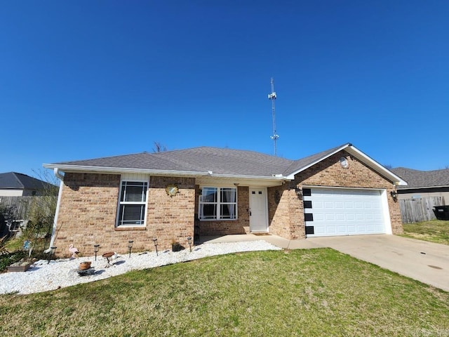 ranch-style house with brick siding, a front lawn, fence, a garage, and driveway