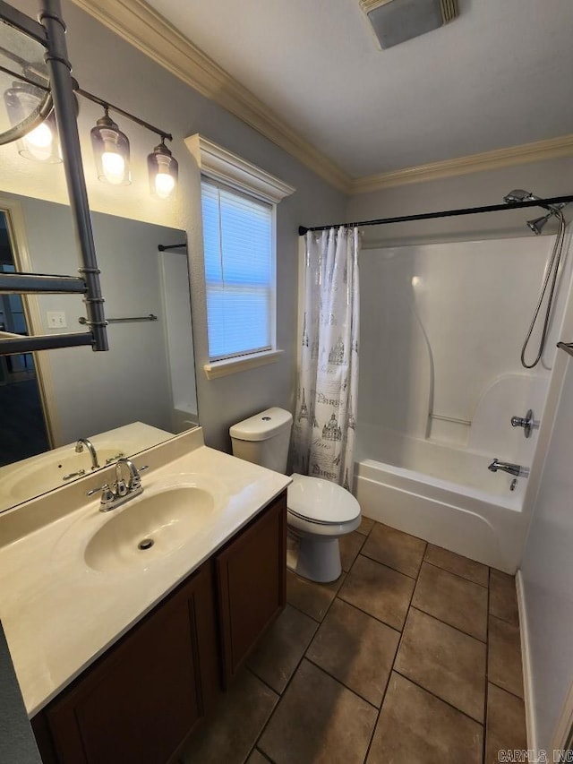 full bathroom featuring crown molding, toilet, tile patterned floors, vanity, and shower / bathtub combination with curtain