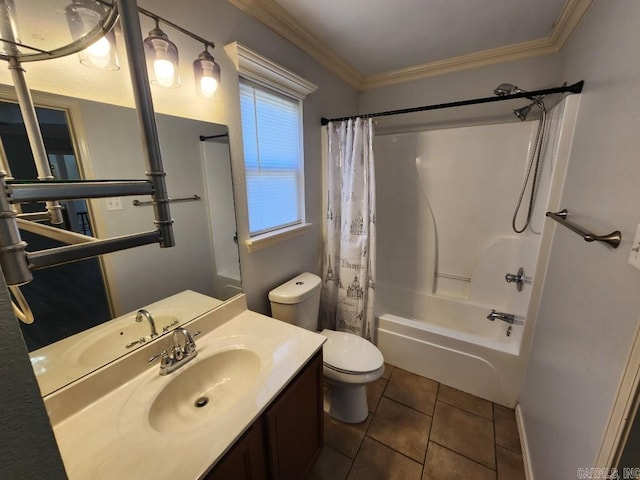 bathroom with toilet, ornamental molding, tile patterned floors, vanity, and shower / bathtub combination with curtain