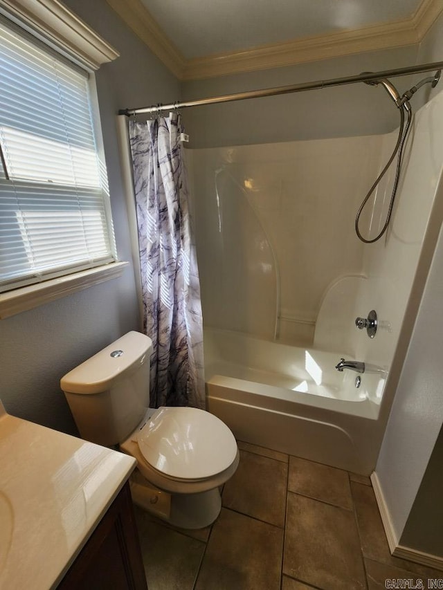 bathroom with tile patterned flooring, shower / bath combination with curtain, toilet, and ornamental molding