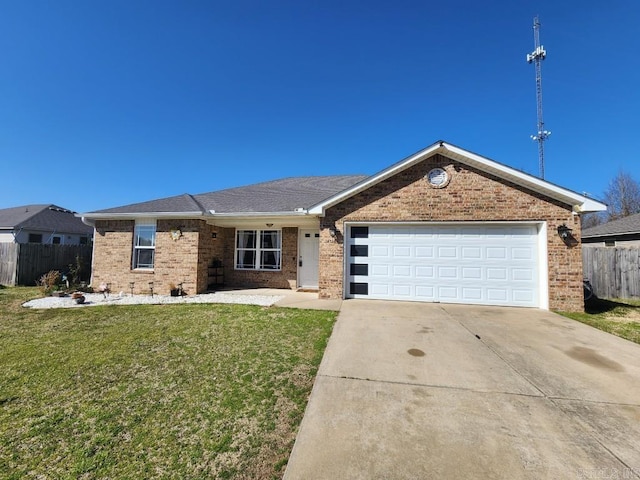 ranch-style home with a front lawn, driveway, fence, an attached garage, and brick siding