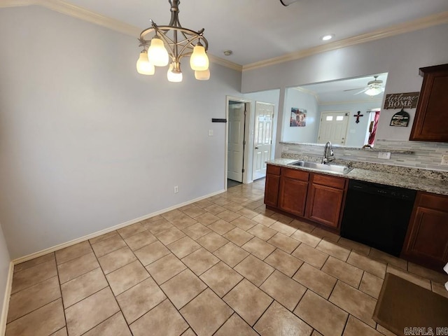 kitchen featuring tasteful backsplash, crown molding, light stone countertops, black dishwasher, and a sink