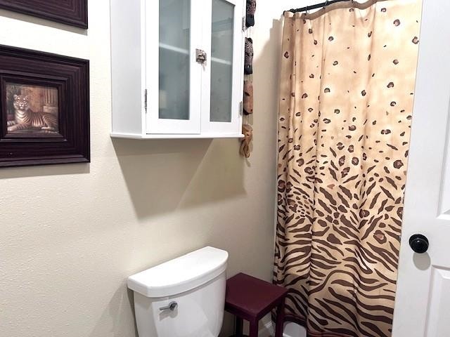 bathroom with toilet and a shower with shower curtain