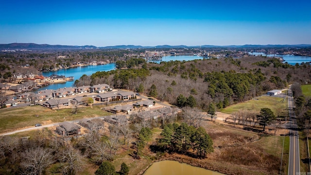 drone / aerial view featuring a water and mountain view and a view of trees