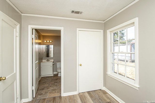 unfurnished bedroom with visible vents, ornamental molding, wood finished floors, a textured ceiling, and a sink