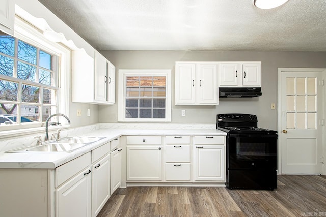 kitchen featuring a sink, wood finished floors, under cabinet range hood, and black range with electric cooktop