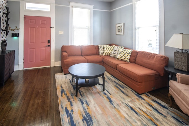 living area featuring baseboards and wood finished floors