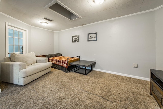 sitting room featuring carpet flooring, baseboards, crown molding, and visible vents