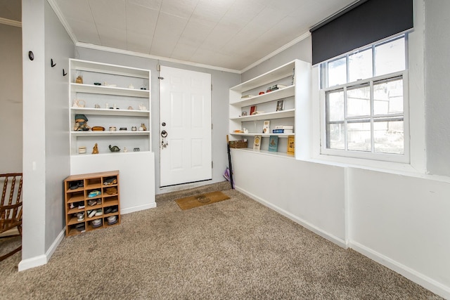 interior space featuring baseboards, carpet, and crown molding