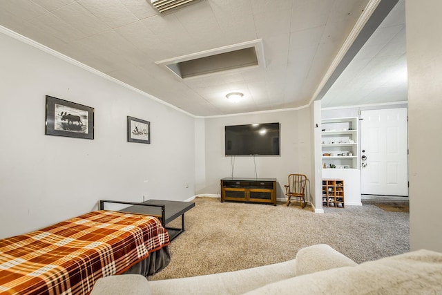 bedroom featuring crown molding, carpet flooring, visible vents, and baseboards