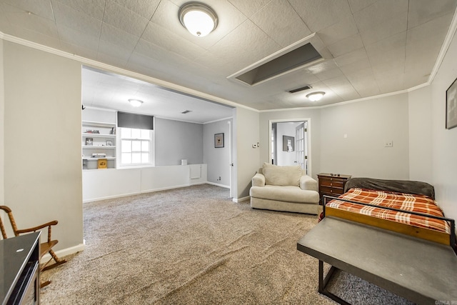 carpeted living area featuring visible vents, baseboards, and ornamental molding