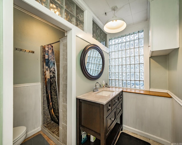 bathroom with vanity, toilet, a tile shower, and wainscoting