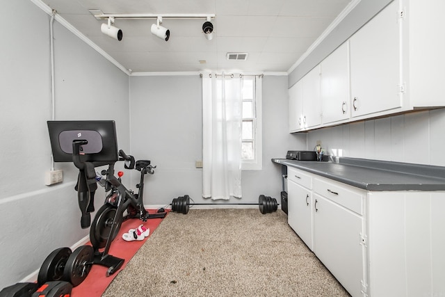 workout room with visible vents, light colored carpet, rail lighting, and crown molding