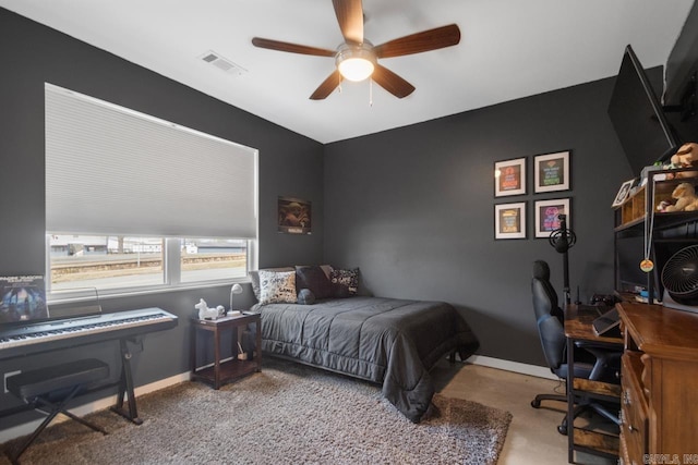 bedroom featuring visible vents, ceiling fan, and baseboards