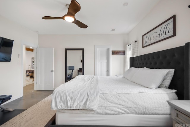 bedroom featuring a ceiling fan, visible vents, concrete floors, and baseboards