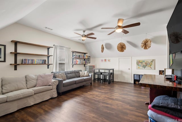 living room with visible vents, ceiling fan, lofted ceiling, and dark wood-style flooring