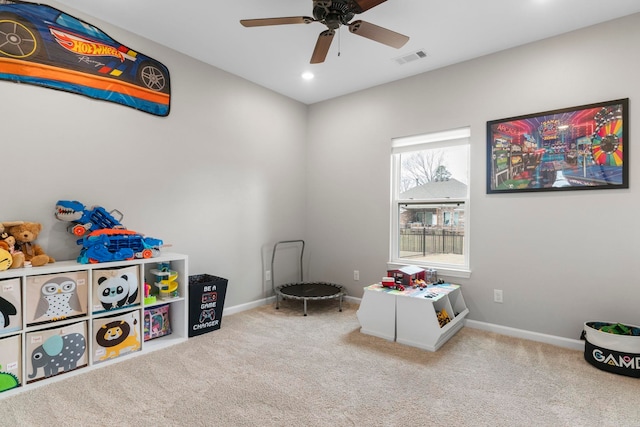 rec room featuring recessed lighting, carpet flooring, a ceiling fan, and visible vents