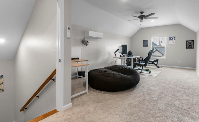 interior space with baseboards, carpet, an AC wall unit, and vaulted ceiling