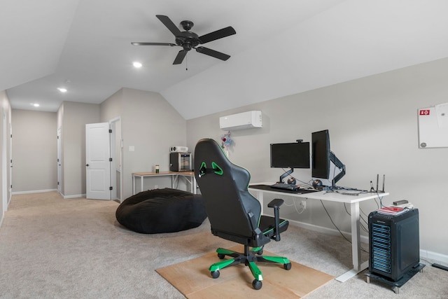 office space featuring ceiling fan, baseboards, lofted ceiling, a wall unit AC, and carpet floors