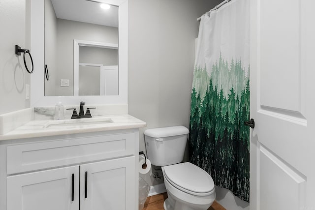 full bathroom featuring a shower with shower curtain, toilet, and vanity