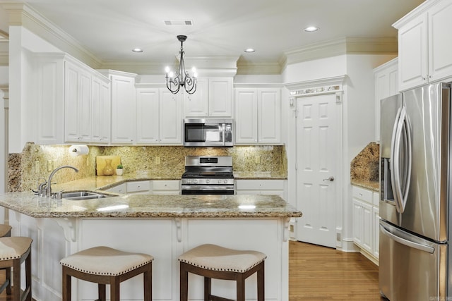 kitchen with a sink, backsplash, stainless steel appliances, a peninsula, and white cabinets