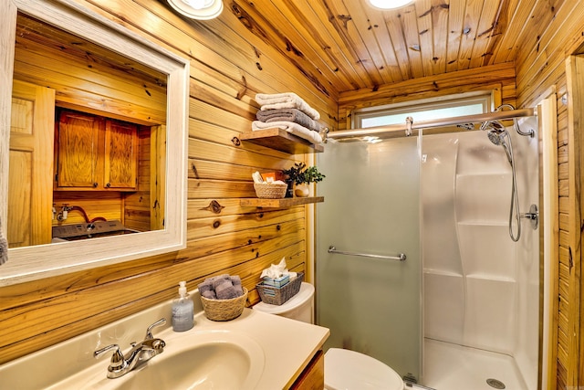 bathroom with a shower stall, wooden walls, toilet, and wood ceiling