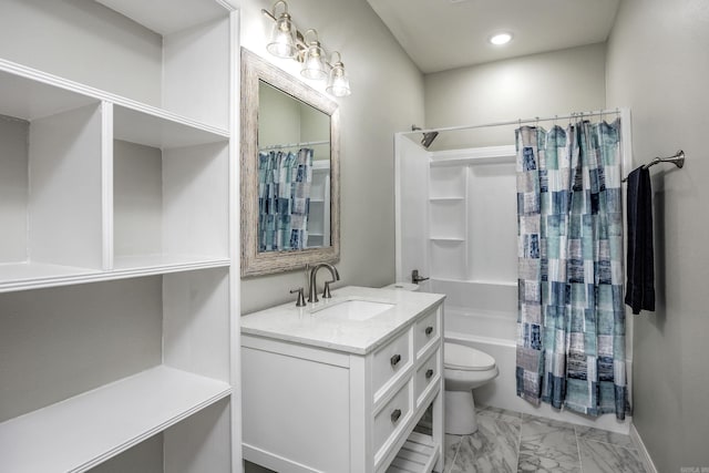 bathroom with toilet, marble finish floor, shower / bath combo, recessed lighting, and vanity