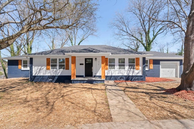 ranch-style house featuring covered porch, a garage, roof with shingles, and crawl space