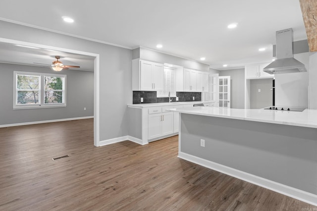 kitchen featuring visible vents, backsplash, exhaust hood, black electric cooktop, and a sink