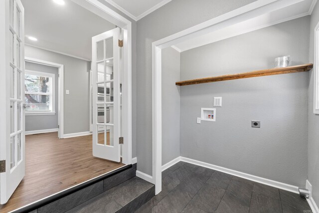 laundry room with hookup for a washing machine, laundry area, electric dryer hookup, french doors, and crown molding