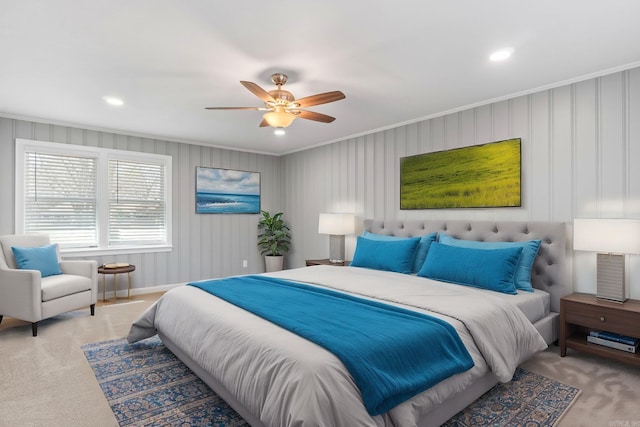 bedroom with crown molding, recessed lighting, carpet floors, and ceiling fan