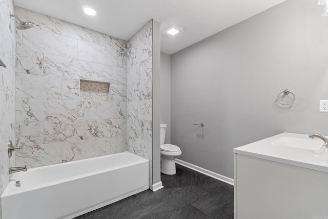 full bath with bathtub / shower combination, toilet, vanity, and baseboards