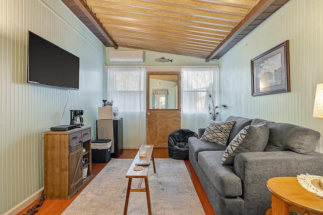 living room featuring vaulted ceiling, an AC wall unit, wood finished floors, and wooden ceiling