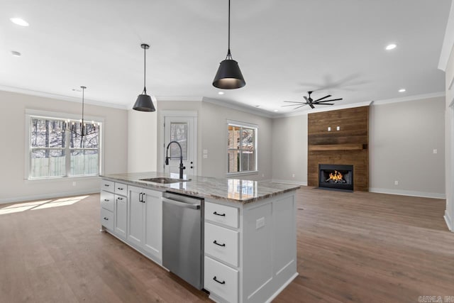 kitchen featuring wood finished floors, white cabinetry, a sink, dishwasher, and ceiling fan with notable chandelier