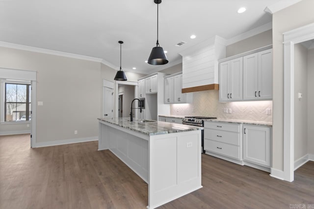 kitchen featuring premium range hood, stainless steel gas range, a sink, decorative backsplash, and crown molding