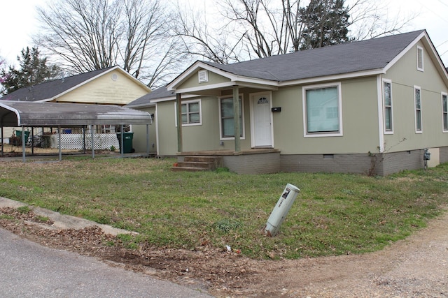 bungalow-style home with crawl space, covered porch, a front lawn, and a shingled roof