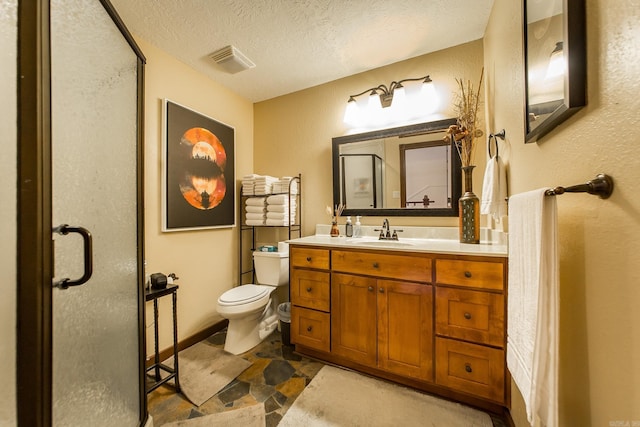 bathroom with visible vents, toilet, stone finish floor, a textured ceiling, and a shower stall