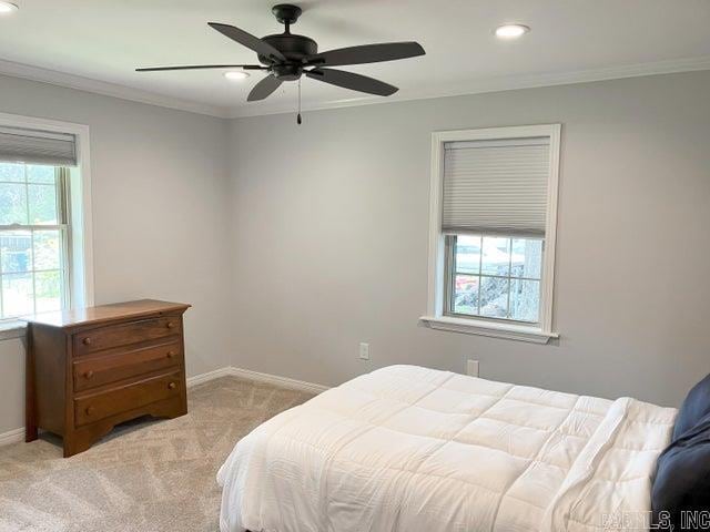 bedroom with crown molding, multiple windows, baseboards, and light carpet