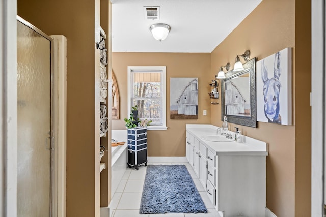 full bathroom with tile patterned floors, visible vents, a stall shower, a bath, and vanity