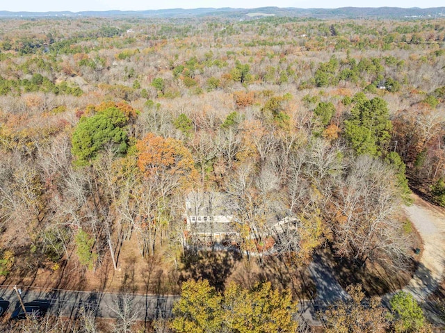 drone / aerial view with a wooded view