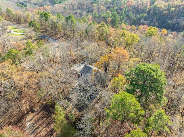 bird's eye view with a wooded view