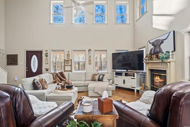 living area with a glass covered fireplace, wood finished floors, a wealth of natural light, and ceiling fan