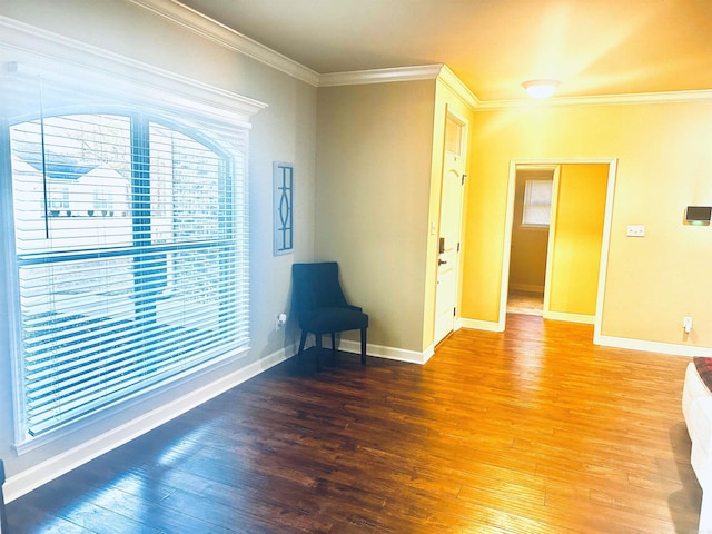 interior space featuring crown molding, wood finished floors, and baseboards