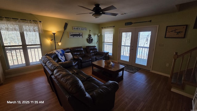 living room with visible vents, a ceiling fan, wood finished floors, french doors, and baseboards